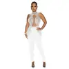 C6931 Moda Europeia e Americana Transfronteiriça Aliexpress Amazon Macacão de Calça Longa Sem Mangas com Renda e Strass Cor Sólida Feminino