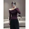 Nuevo Diseño Otoño 2026: Elegante Escote Asimétrico, Hombros Descubiertos, Camiseta de Manga Larga Estilo Coreano para Mujer, Top Base Adelgazante