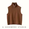 Colete feminino de gola alta com zíper parcial, suéter sem mangas de cashmere com trança completa, top colete em camadas