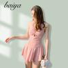 Traje de Baño de Aguas Termales Moda Femenina Popular Color Sólido Adelgazante Cubre el Cuerpo Una Pieza Estilo Falda Conservador Cintura Ceñida Sexy Traje de Baño al Por Mayor