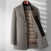 Casaco de lã masculino para outono e inverno, de comprimento médio, com gola cachecol removível e forro de colete de plumas removível, jaqueta de lã