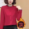 Invierno Nuevo Estilo Forro de Polar Cálido Base de Encaje Fruncido Camisa Elegante de Manga Larga para Mujer Atuendo de Mamá