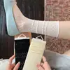 Calcetines de algodón para mujer de malla hueca con forma de diamante ultrafinos, transpirables, hasta la pantorrilla, para primavera y verano, con bonito ribete de burbujas y encaje