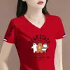 Comércio Exterior Transfronteiriço Último Estoque Grande Marca Etiqueta Cortada Manga Curta Camiseta Feminina Verão Solta Casual Petite Decote V Meia Manga