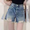 Shorts de mezclilla rotos de cintura alta azules para mujer, nuevo estilo de verano, modernos y sexys, corte holgado, adelgazantes, talla grande, hot pants de línea A