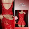 Vestido Sexy Rojo de Encaje Transparente con Escote en V Profundo Falda Corta Camisón Lencería Lencería Erótica Estilo Femenino Revelador