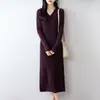 Vestido de punto elegante y sofisticado para mujer, 100% lana pura, cuello en V, corte ajustado, largo por encima de la rodilla, jersey de manga larga