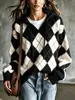 Suéter con Capucha de Cuadros de Venta Caliente en Amazon Tiktok para Mujer Cuello en V Cordón Estilo Perezoso Otoño/Invierno Jersey de Punto