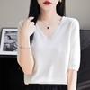 Camiseta de lana de manga corta con cuello en V para mujer, de verano y otoño, de seda brillante, holgada, fina, de media manga, interior y manga media