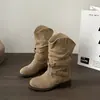Botas versáteis estilo retrô outono, com aspecto desgastado, salto grosso para mulheres, novas botas de trabalho da moda com detalhes de fivela, coleção 2026, estilo europeu e americano, comprimento até a panturrilha