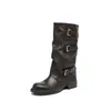Botas de caña alta arrugadas estilo western cowboy de nicho de moda para mujer, adelgazantes