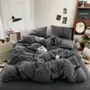 Juego de Cama de Cuatro Piezas de Algodón Lavado Clase A para Dormir Desnudo en la Cama, Funda Nórdica de Lino Color Sólido, Sábana Plana, Sábana Ajustable, Juego de Tres Piezas para Dormitorio Estudiantil