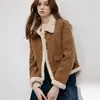 Cárdigan corto, abotonado, cálido, con cuello alto, diseñado para mujeres petite, adecuado para ir al trabajo en invierno, con mangas largas suaves y bolsillos tridimensionales