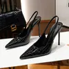 Tacones de Aguja Sexy de Punta Negra con Diseño de Espalda Abierta, Zapatos de Tacón Alto Estilo Francés Modelo Nuevo 2025 para Mujer, Sandalias de Punta Cerrada de Charol para Mujer