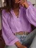 2026 Transfronterizo Amazon Estilo Nuevo Primavera y Otoño Holgada Moda Versátil Encaje Hueco V de un Solo Botón Manga Larga Camisa