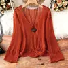 Tricô de Outono com Recortes Crochê Gola V Pulôver de Tricô Solto Blusa Simples Relaxada Tricô de Crochê Elegante para Mulheres