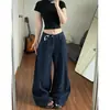 Estilo perezoso jeans de lunares azul profundo de cintura alta con pierna curva para mujer, pantalones anchos relajados de pierna ancha de verano con temperamento, en stock