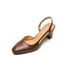 Sandalias Retro Marrones de Punta Gruesa con Tacón Alto y Espalda Abierta para Mujer, de Mano, Piel de Oveja, Simples para el Trabajo, Tacones Altos