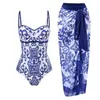 2024 Nuevo traje de baño de comercio exterior de Amazon Azul y Blanco Porcelana Flor Negra delgado simple de una pieza falda de gasa bikini entrega