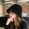 Nuevo sombrero de pescador de punto con mezcla de lana calado de encaje para mujer, sombrero de cubo versátil adelgazante para el rostro en invierno, sombrero para clima frío, sombrero de lana estilo coreano