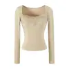 Camiseta de Encaje Cuadrada Dulce y Picante de Manga Larga, Nueva Moda de Otoño, Corte Ajustado, Estilo Corto, Top Básico Hot Girl