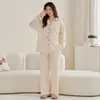 Pijama de Algodão Puro Dupla Face Primavera Outono Inverno Feminino Estilo Coreano Simples Bordado Leve de Luxo Gola Lapela Solto Conjunto de Roupa para Casa