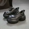 Jiezhou 2026 Otoño Nuevo Modelo Piel de Vaca Capa Superior Punta Redonda Suela Gruesa Cierre Frontal con Cordones Zapatos de Una Sola Pieza Estilo Retro Versátiles para Viajes Diarios Zapatos de Mujer