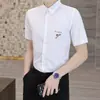 Camisa Masculina de Manga Curta, Tendência de Verão Casual Elegante Bordada Stretch, Estilo Coreano Slim Fit Seda Gelada Não Amassa