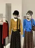 Conjunto de duas peças KEKEZOON: blusa de tricô com gola V e mangas compridas + saia de bolinhas de cintura alta com fita para mulheres 8983