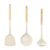 Cabo de Madeira Claro Conjunto de Utensílios de Silicone para Cozinha Frigideira Antiaderente de Cozinha Conjunto de 3 Peças Resistente à Temperatura Cozinha Espátula de Silicone com Cabo de Madeira Anti-Escaldante