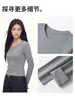 Camiseta de mujer estilo coreano, hombros rectos suaves, para otoño, color liso, corte ajustado, cuello redondo, manga larga, casual, versátil, camiseta básica de manga recta