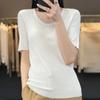 Camisa de punto de lana peinada de manga corta para mujer, nueva camisa de punto de lana peinada de manga corta con cuello en U, ajustada y adelgazante, de punto fino y de media manga.