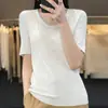 Camiseta de punto fina de manga corta para mujer, color liso a rayas, cuello en U, lana peinada, capa base, manga media, adelgazante, para ir al trabajo, primavera y verano