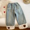 Calças Forradas de Lã para Meninas 2025 Outono e Inverno Nova Moda Jeans Retos Espessos Calças Elegantes de Perna Larga para Meninas