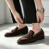 Sapatos Masculinos Loafers de Couro com Franjas Foscas Tamanho Grande Cruzados Outono Novo Estilo Tendência Britânica Business Casual Slip-on