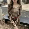 Camiseta de Manga Larga Rayada Vintage Color Café para Mujer, Ajuste Delgado, Adelgazante, Capa Base, Top Exterior de Nicho para Primavera, Otoño e Invierno