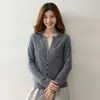 Cardigã de malha de cashmere com decote V calibre 12 para mulheres, manga longa, cor sólida, versátil, jaqueta abotoada