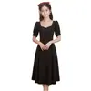 Vestido Negro Cuadrado de Manga Abullonada, Longitud Media, Adecuado para Fiestas de Compromiso, Banquetes de Bienvenida y Elegantes Vestidos de Noche para Mujer