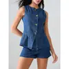 Set Transfronterizo de Mujer Amazon Moda Callejera Mezclilla Estilo Americano Top sin Mangas Shorts Versátiles de Moda en Stock para Exportación