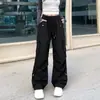 Calça Cargo Preta de Cintura Alta com Cordão e Bolsos Múltiplos, Perna Larga, Esportiva Casual, Cruzada Europeia e Americana