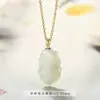 Colar Pixiu de Jade Hetian Natural Fecho de Ouro Real 18K Joia de Prata Corrente Banhada a Ouro Decoração Feminina Pingente de Jade para Casal