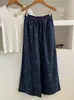 Calça casual feminina reta de perna larga azul marinho com estampa de floco de neve e diamantes, fina, cintura alta, para o verão de 2026, com um toque vintage relaxed