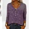 Outono e Inverno 2025 Europeu e Americano Transfronteiriço Amazon Wish Nova Exportação Camiseta Feminina de Manga Longa Estampada com Decote V Larga Solta para Mulheres