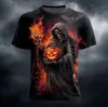 Camiseta nova masculina de manga curta europeia e americana transfronteiriça com estampa 3D de abóbora de Halloween no jardim, uma camiseta fashion
