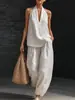 Roupas Femininas Independentes Primavera/Verão 2026 Amazon Aliexpress Cor Sólida Gola Halter Decote V Sem Mangas Conjunto Casual Estilo Férias