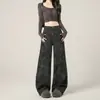 Calça Jeans Wide Leg Estampada Preta e Cinza para Mulheres 2026 Outono Tendência Versátil Nova Cintura Alta Solta Comprimento Total