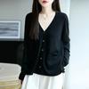 Novo Estilo Outono 2025 Cardigan Tricotado com Gola V e Borda Rebatida 100% Lã Penteada, Manga Longa, Cor Lisa, Blusa Solta com Bolsos