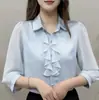 Moderna camisa verde de manga tres cuartos para talla grande, nueva blusa elegante de verano 2026 con cuello de solapa para mujer