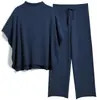Conjunto de Tricô Cruzado de Manga Longa com Gola Alta Meia-Alta e Manga Morcego, Conjunto de Duas Peças com Calça de Perna Larga Solta e Fluida, Manga Curta para o Início do Outono