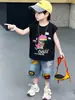 Traje de Verano sin Mangas de Dinosaurio para Niños, Conjunto Deportivo Casual Delgado de Dos Piezas para Niños, Ropa Elegante para Niños Pequeños al por Mayor